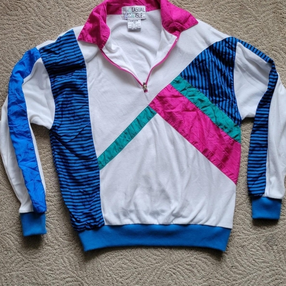 Unique Vintage White Zip-Up Pullover with Pink, Teal & Bright Blue Accents